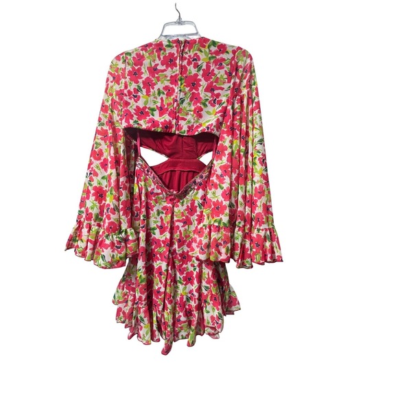 Mac Duggal NEW Floral Print Mini Dress Bell Sleeve Belted Cutout #9158 Size 6 - Picture 5 of 13